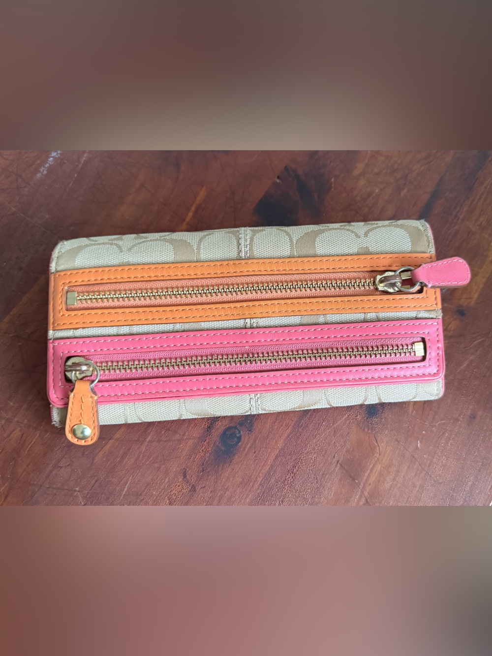 Coach Bonnie Cashin Signature Canvas Double Zip Flap Pink and Orange Wallet.